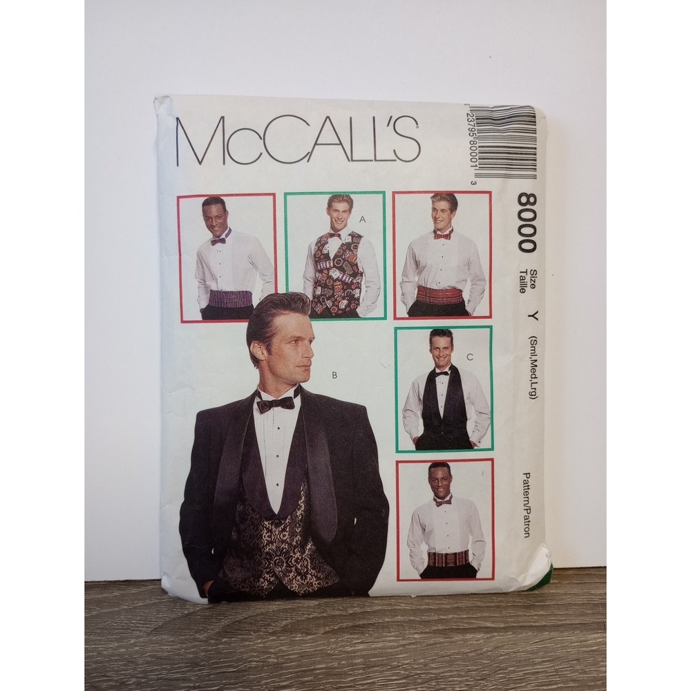 McCalls 8000 - Mens Formal Vest Bow Tie Cummerbund Pattern Cut Size Y‎ (S,M,L)